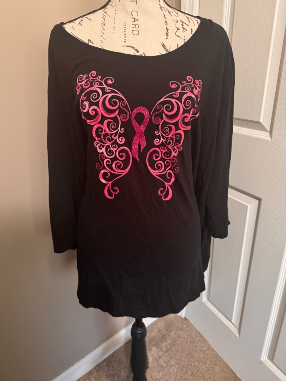 Black Women's Long Sleeve Tee with Butterfly, Pink Ribbon design